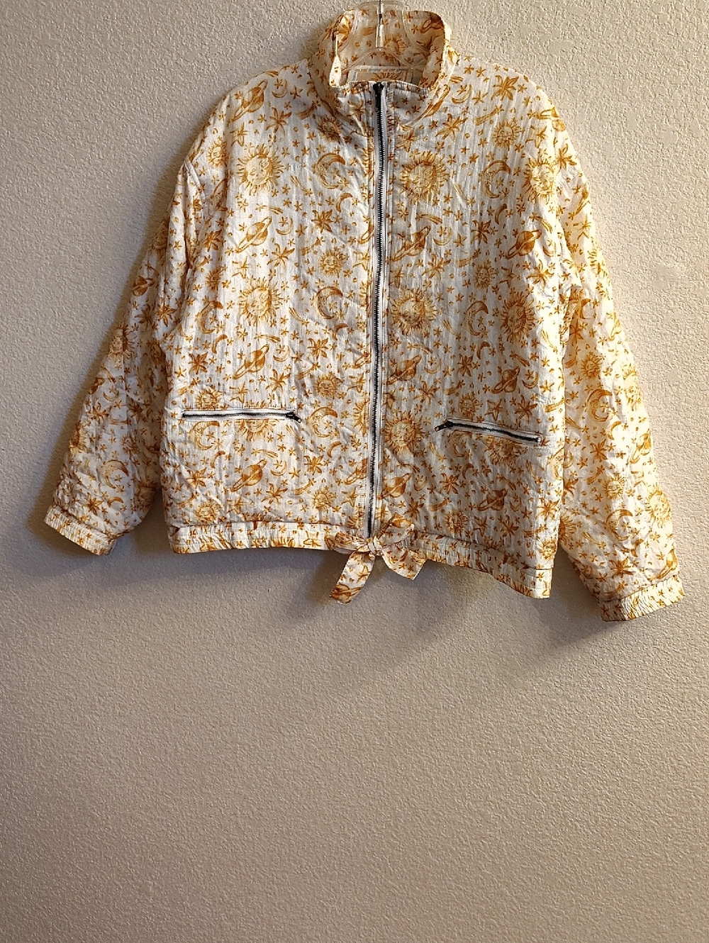 Quilted Tie-Hem Bomber Jacket in Yellow Floral